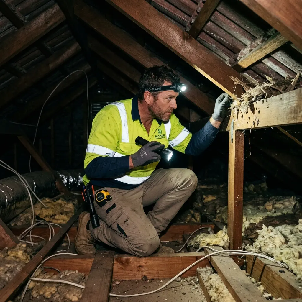 Technician inspecting a roof cavity for a dead animal in Ashburton